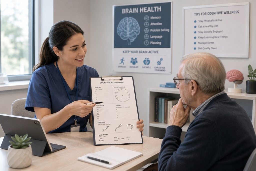 Clinician conducting a cognitive assessment consultation with an elderly patient