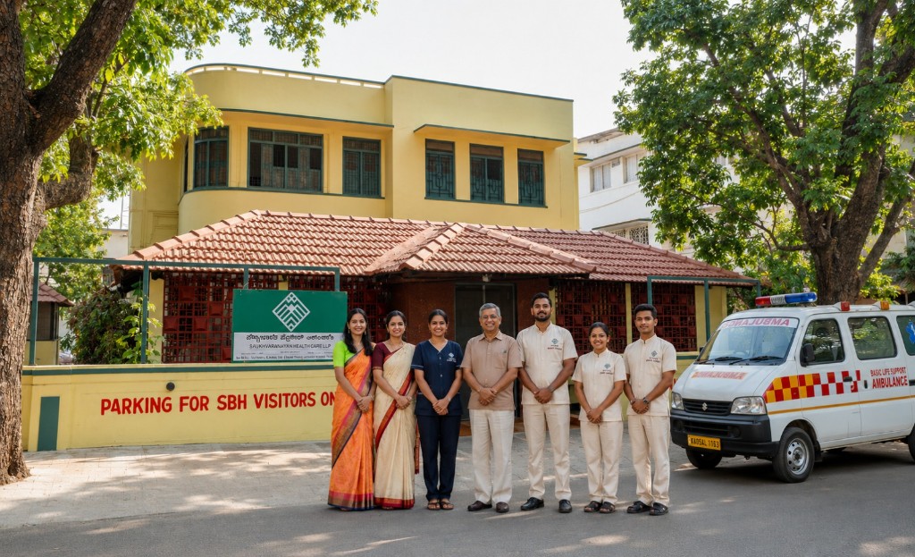 Saukhyabharathi Wellness Centre exterior with care team, visitor parking, and ambulance