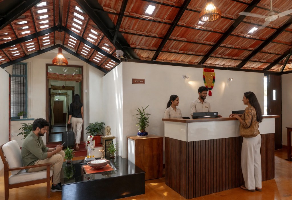 Saukhyabharathi reception with staff welcoming a guest at the front desk
